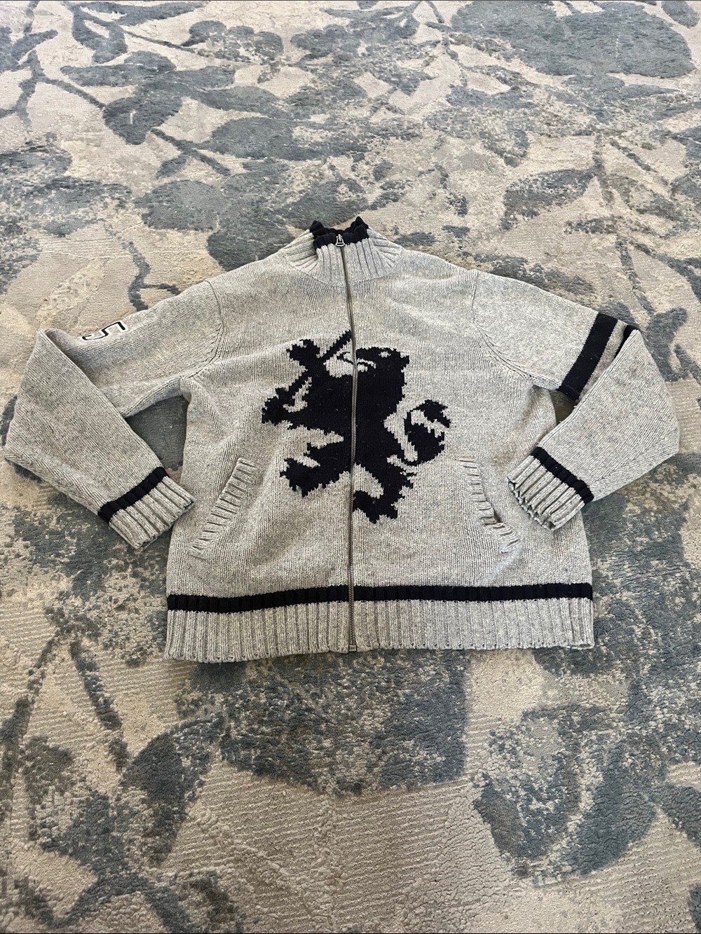 Tommy Hilfiger Gray Zip-Up Sweater with Navy Lion Motif